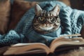 Cute cat wearing glasses, sitting on sofa and reading a book Royalty Free Stock Photo