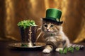 The cute cat is wearing a green festive hat and sitting next to a cup filled with lucky clover.