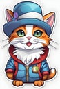 A cute cat wearing hat and hoodie, in stylish, cartoon, colorful, fantasy, dreamy, 2d cute sticker, animal art