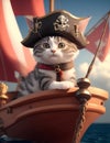 A cute cat wearing pirate hat riding on a pirate boat