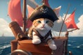 A cute cat wearing pirate hat riding on a pirate ship sailing in the open seas