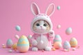 A cute cat in a rabbit costume surrounded by Easter eggs on a pink background Royalty Free Stock Photo