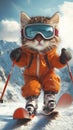 Cute cat wears ski outfit and goggles riding skis down snowy mountain. Vibrant orange snowsuit, ski poles, effortless glide over