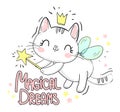 Cute cat with wings and wand vector illustration. Magic Vector Illustration. Children\'s print and poster. Letters- Magical Dreams