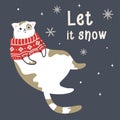 Cute cat in a winter sweater. Happy funny cat looking at the coming snow. The inscription Let it snow Royalty Free Stock Photo