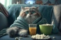 A cute cat, wrapped in a fluffy blanket, sits on the sofa and watches TV, popcorn and remote control with enthusiasm. Movie night