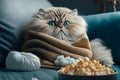 Cute cat, wrapped in fluffy blanket and warm hat sits on sand watches movie on smartphone, popcorn. Movie night, chilly winter