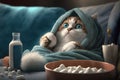 Cute cat, wrapped in fluffy blanket and warm hat sits on sand watches movie on smartphone, popcorn. Movie night, chilly winter