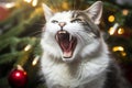 Cute cat yawning in front of christmas tree with lights