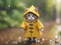 Cute cat in a yellow raincoat. AI generated.