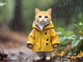 Cute cat in a yellow raincoat. AI generated.