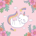 Cute caticorn with floral decoration and rainbow