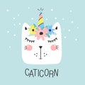 Cute caticorn with floral. Kids print. Hand drown vector