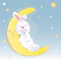 Cute catoon hare who sleep on the moon.