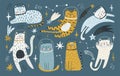 Cute cats astronauts traveling in outer space. Animal cosmonaut adventure in cosmos. Flat vector illustration of funny