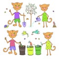 Cute cats and birds sort garbage and planting trees