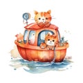 Cute cats in a boat. Hand drawn watercolor illustration