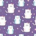 Cute cats character seamless pattern cartoon style. Funny cat animal drawing background vector illustration ready for baby and Royalty Free Stock Photo