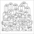 Cute cats in Christmas party with friends design for printed tee,cards,invitations and coloring book page for kids. Vector illustr