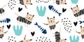 Cute cats colorful seamless pattern background. Scandinavian hand drawn funny animal pet with unique character. Good for baby and Royalty Free Stock Photo