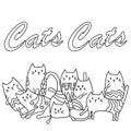 Cute cats coloring book. Hand drawn vector illustration. space for text