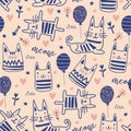 Cute cats doodle seamless pattern. Funny kittens with balloon, stars, flower, heart, and dot. Hand drawn blue and pink colors. Royalty Free Stock Photo