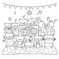 Cute cats enjoy dancing, singing and playing music in the party together design for printed tee,cards, invitations and coloring bo