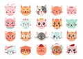 Cute cats faces. Cat heads emoticons, kitten face expressions. Happy smiling, sad, angry and wink cat vector Royalty Free Stock Photo