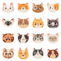 Cute cats faces. Happy animals, funny kitten smiling mouth and crying sad cat. Animal character face cartoon vector