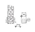 Cute cats with fishes food hand drawn - coloring page isolated on white background Royalty Free Stock Photo