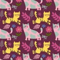 Cute cats and floral bouquets on the purple background. Vector seamless pattern. Pets and flowers. Nature print. Digital Royalty Free Stock Photo