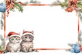 Cute cats frame. New Year Party and x\'mas celebration. Watercolor illustration background, Generative AI