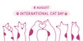 Cute cats and funny kitten doodle vector set. 8th of august Happy international cat day characters design collection Royalty Free Stock Photo