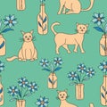 Cute Cats, Gasless, Bottles and Flowers. Seamless Vector Repeat Patterns Royalty Free Stock Photo