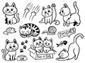 Cute cats hand drawn collection in doodle cartoon style. Black and white contoured cats for stickers, coloring book page, printing