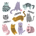 Cute cats hand drawn set. Funny kitten characters doodle illustration. Flat pets vector. Royalty Free Stock Photo