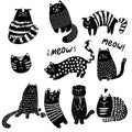 Cute cats hand drawn set. Funny kitten characters doodle illustration. Flat pets vector. Royalty Free Stock Photo