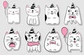 Cute cats. Hand drawn stylized set of stickers. Outline doodle animals. Cartoon characters. Vector illustration