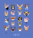Cute cats head vector set. Funny cat characters with glasses, hat and bow. Isolated on blue background