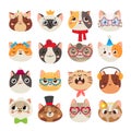 Cute cats heads. Cat muzzle, domestic kitty face wearing hat, scarf and color party glasses isolated cartoon vector set Royalty Free Stock Photo