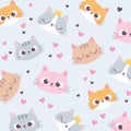 Cute cats heads love heart cartoon animal funny character background