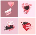 Cute cats in love. Romantic Valentines Day greeting card or poster. Cat give heart, kitten in hands, with love envelope Royalty Free Stock Photo