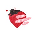 Cute cats in love. Romantic Valentines Day greeting card or poster. Hero Kitten lies on heart with rose in mouth. Flyers