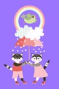 Cute cats on roller skates with fairy umbrella, clouds, raindrops in form of hearts, rainbow and green cheerful bird