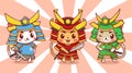 Cute cats samurai trio cartoon illustration