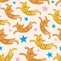 Cute cats seamless pattern with stars funny drawing. Vector texture of sleepy kitten cat decoration background for baby, kids, and Royalty Free Stock Photo