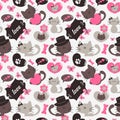 Cute cats seamless pattern, sweet kitty, texture for wallpapers, fabric, wrap, web page backgrounds, vector illustration