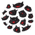 Cute cats set in round silhouette. Black pets in doodle style