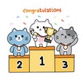 Cute cats stand on podium and hold trophy and medals.Gold cup award