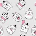 Cute cats stickers seamless pattern. Black, white and pink repeating background of cartoon characters. Vector illustration Royalty Free Stock Photo